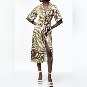 ANIMAL PRINT SHIRT DRESS Ecru Green ZARA